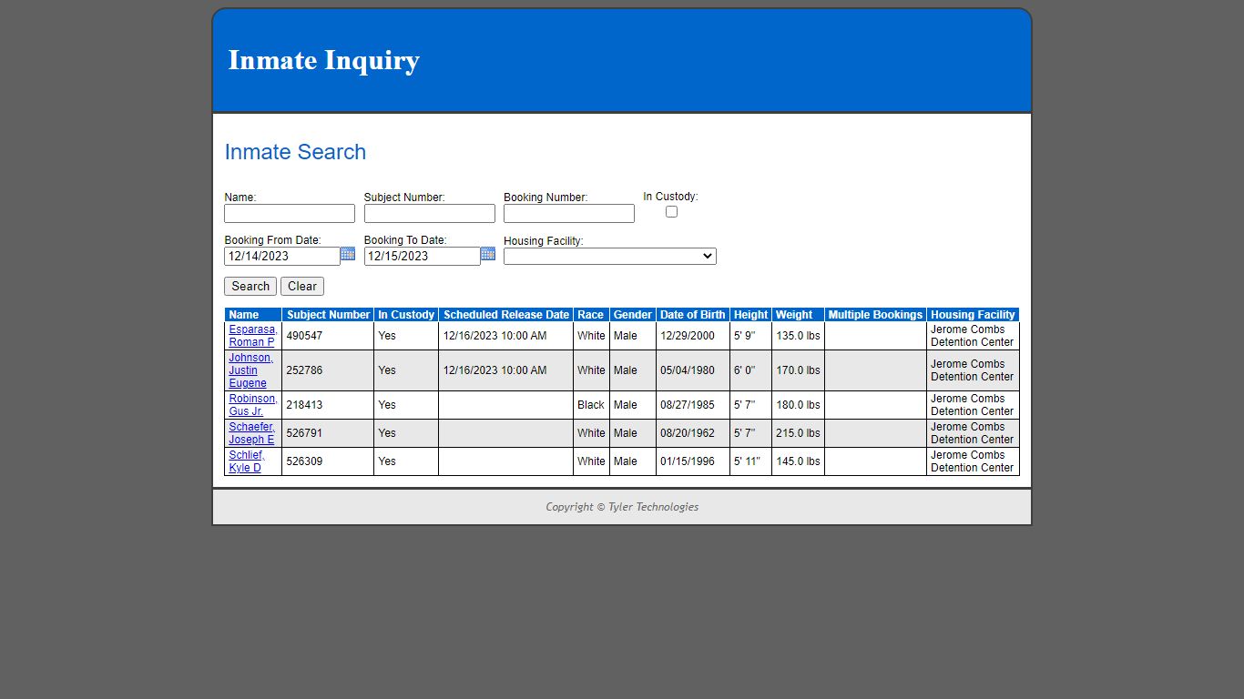 Inmate Inquiry - Inmate Search